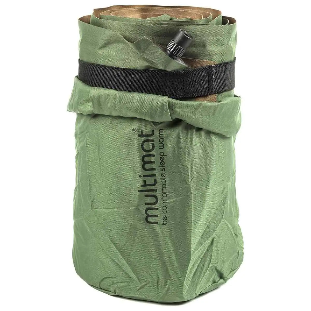 Rolled Multimat Trekker 25S Self Inflating Mattress with securing strap, compact for outdoor storage and transport.  from  John Bull Clothing 