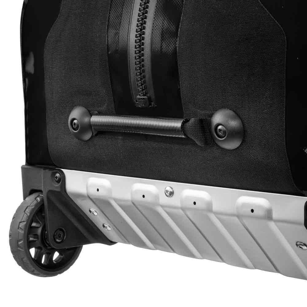 Detailed view of Ortlieb Duffle RS Travel Bag 140L reinforced base with sturdy wheels and protective metal frame for durability.