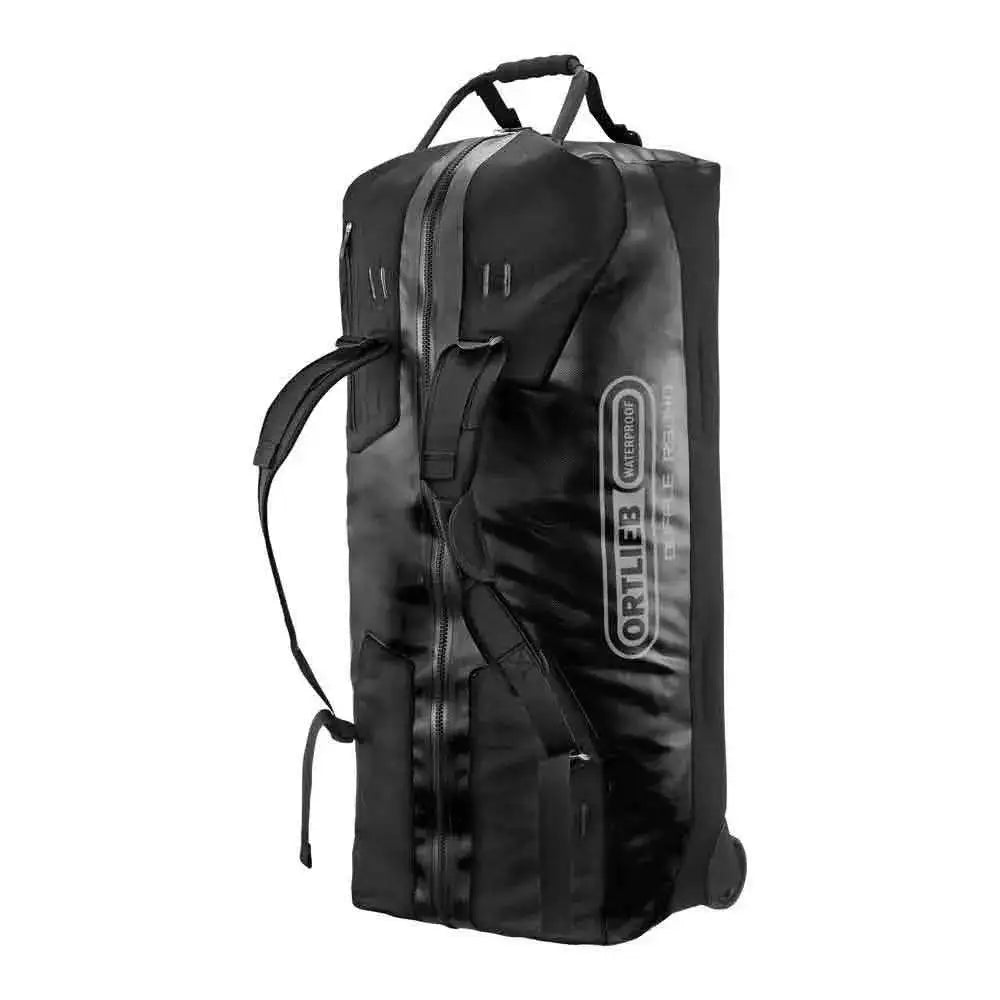Ortlieb Duffle RS Travel Bag 140L standing upright with backpack straps and waterproof material for versatile travel use.  from  John Bull Clothing 