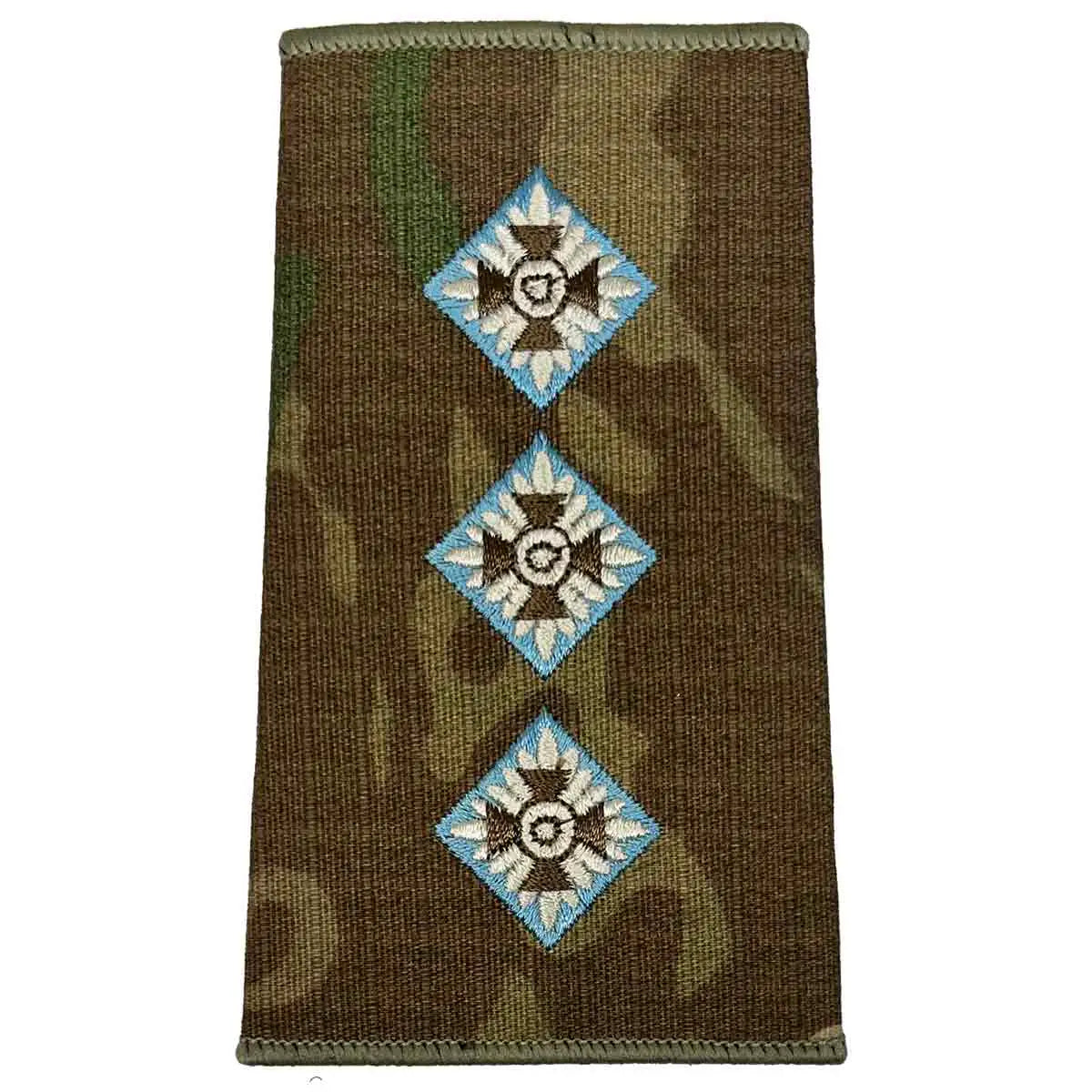 Parachute Regiment Officer Multicam Rank Slide with three pip insignias, designed for military uniforms in camouflage Cordura material. Captain from  John Bull Clothing 