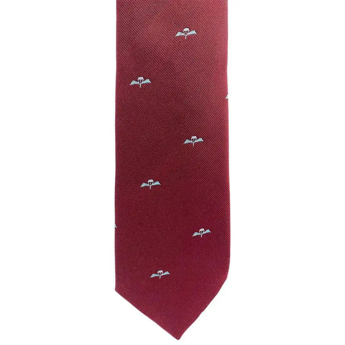 Close-up of Parachute Regiment Polyester Tie featuring woven blue Para Regiment wings on maroon fabric, ideal for military uniforms.  from  John Bull Clothing 