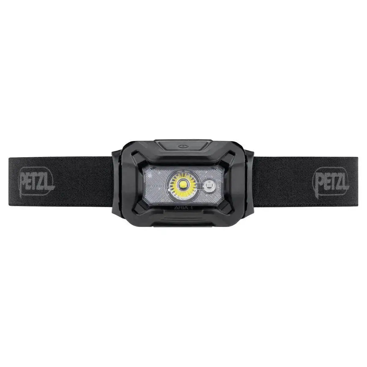 Front view of Petzl Aria 1 RGB Waterproof Headtorch 350 Lumens in black, showcasing its durable design and high-performance lighting for outdoor use. Black from  John Bull Clothing 