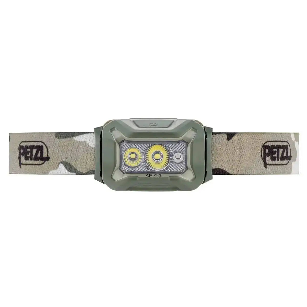 Front view of the Petzl Aria 2 RGB Waterproof Headtorch in camouflage, showcasing its dual LED design for versatile outdoor lighting.  from  John Bull Clothing 