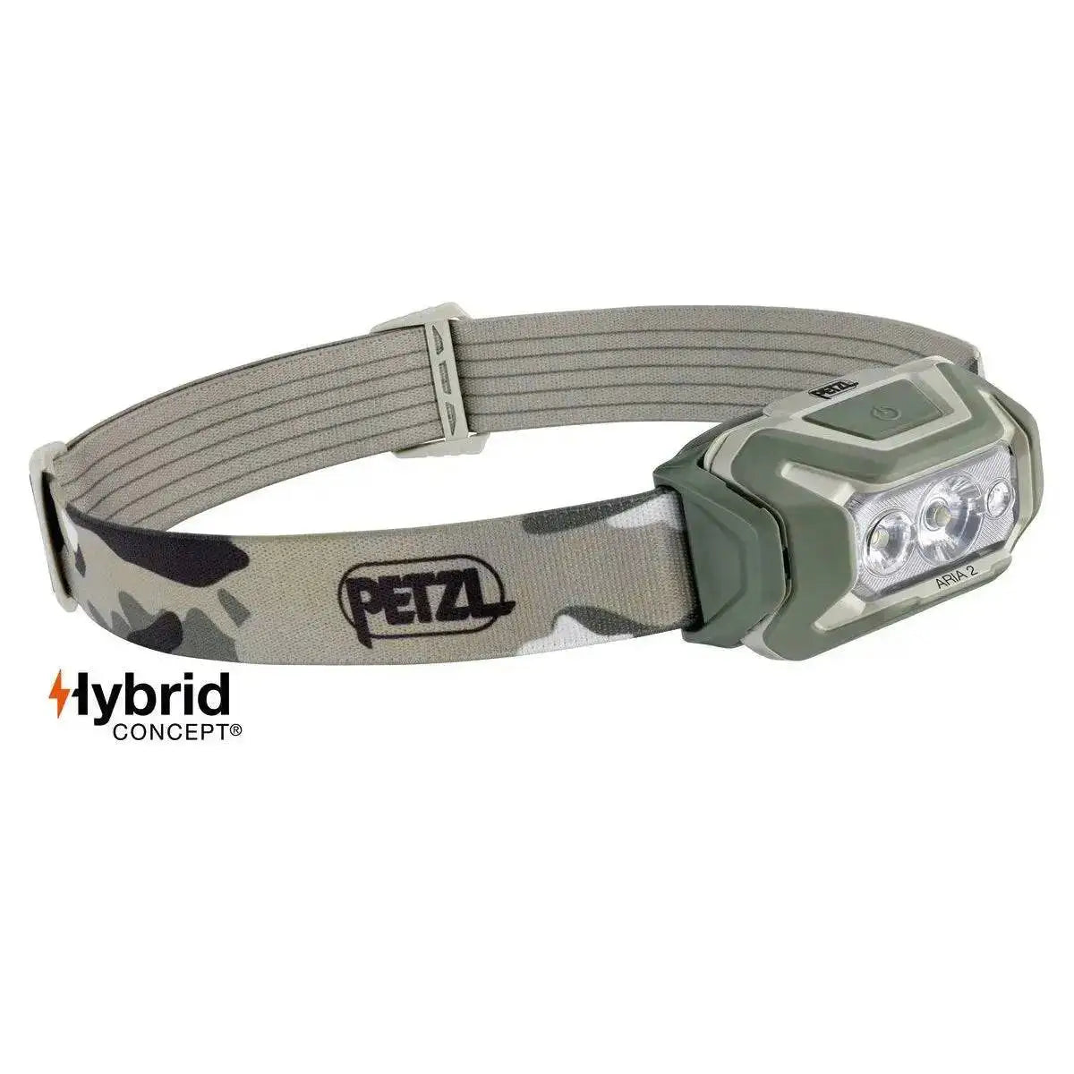 Petzl Aria 2 RGB Waterproof Headtorch 450 Lumens in camouflage design with adjustable headband, ideal for outdoor adventures and tactical use. Camouflage Multicam from  John Bull Clothing 