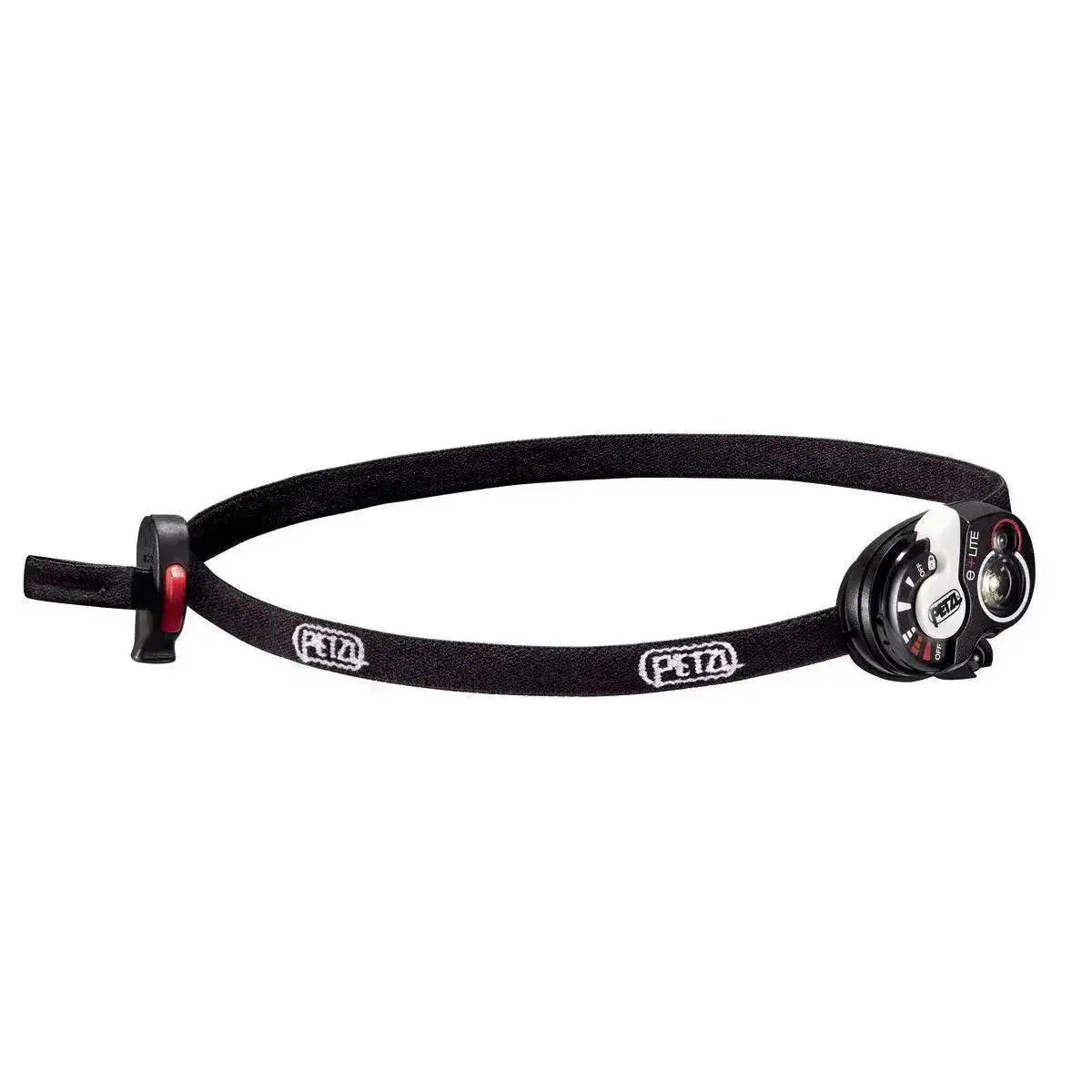 Petzl E+Lite Compact Emergency Head Torch with adjustable black headband, lightweight design, and compact build for outdoor and emergency use.  from  John Bull Clothing 