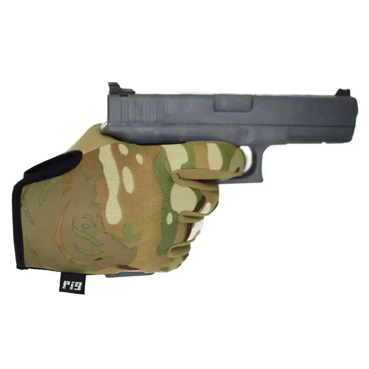 PIG FDT Delta + Plus Shooting Glove Multicam holding a firearm, emphasising its secure grip and dexterity for professional shooting applications.  from  John Bull Clothing 