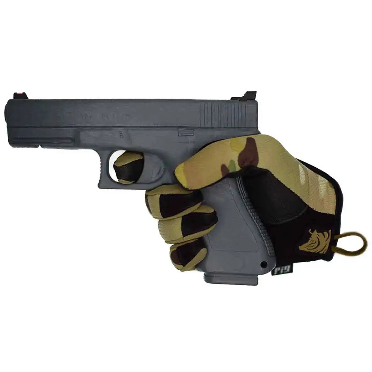 PIG FDT Delta + Plus Shooting Glove Multicam gripping a handgun, showcasing its precision fit and optimal trigger control for tactical performance.  from  John Bull Clothing 