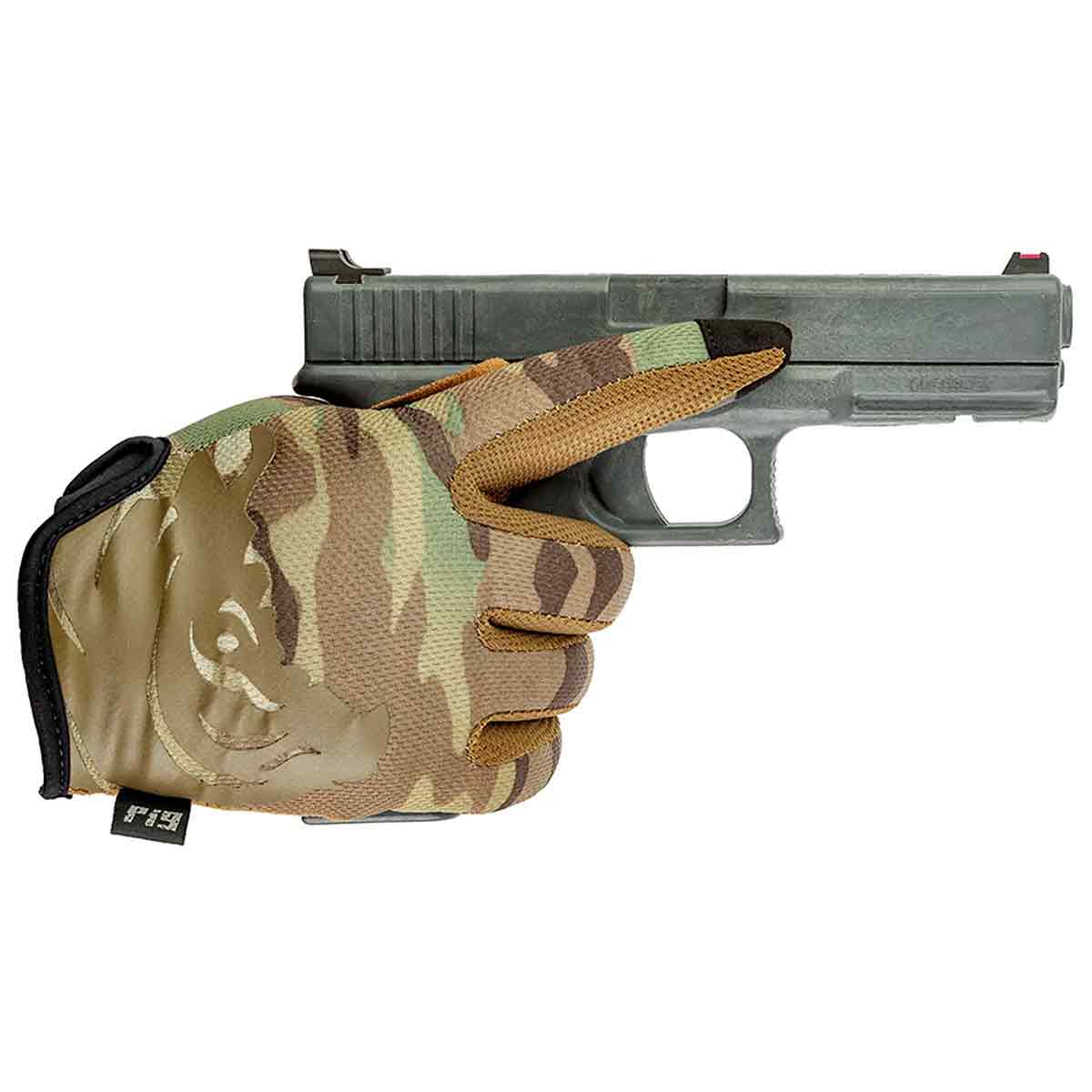 PIG FDT Delta Utility Shooting Glove Multicam demonstrating firearm handling with precision fit. Ideal for military, law enforcement, and shooting sports.
