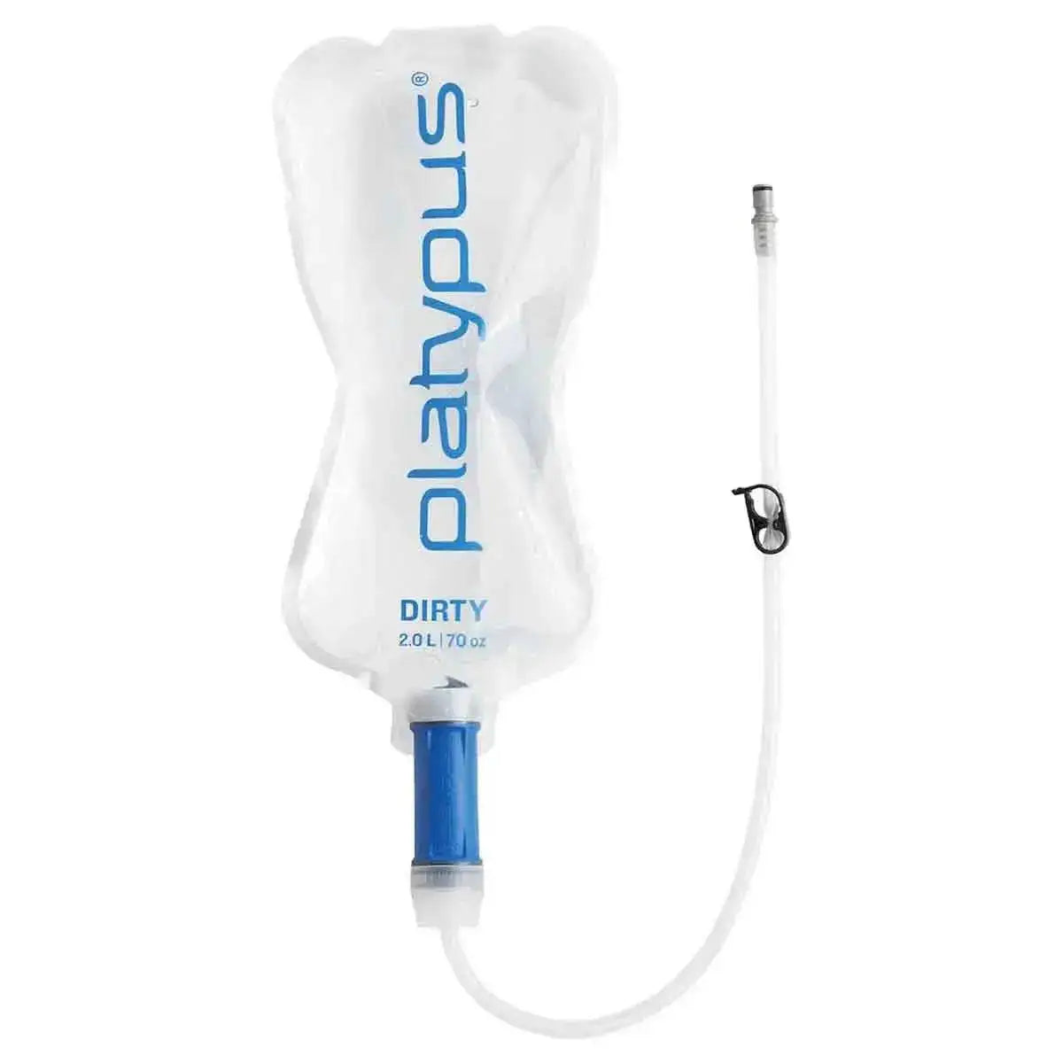 Platypus Quickdraw 2L Filter System with a clear hydration reservoir and attached filtration unit for outdoor water purification.  from  John Bull Clothing 