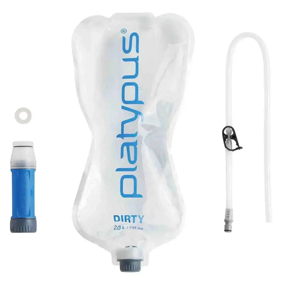 Platypus Quickdraw 2L Filter System components including a filtration unit, reservoir, and tubing for efficient outdoor water filtration.  from  John Bull Clothing 