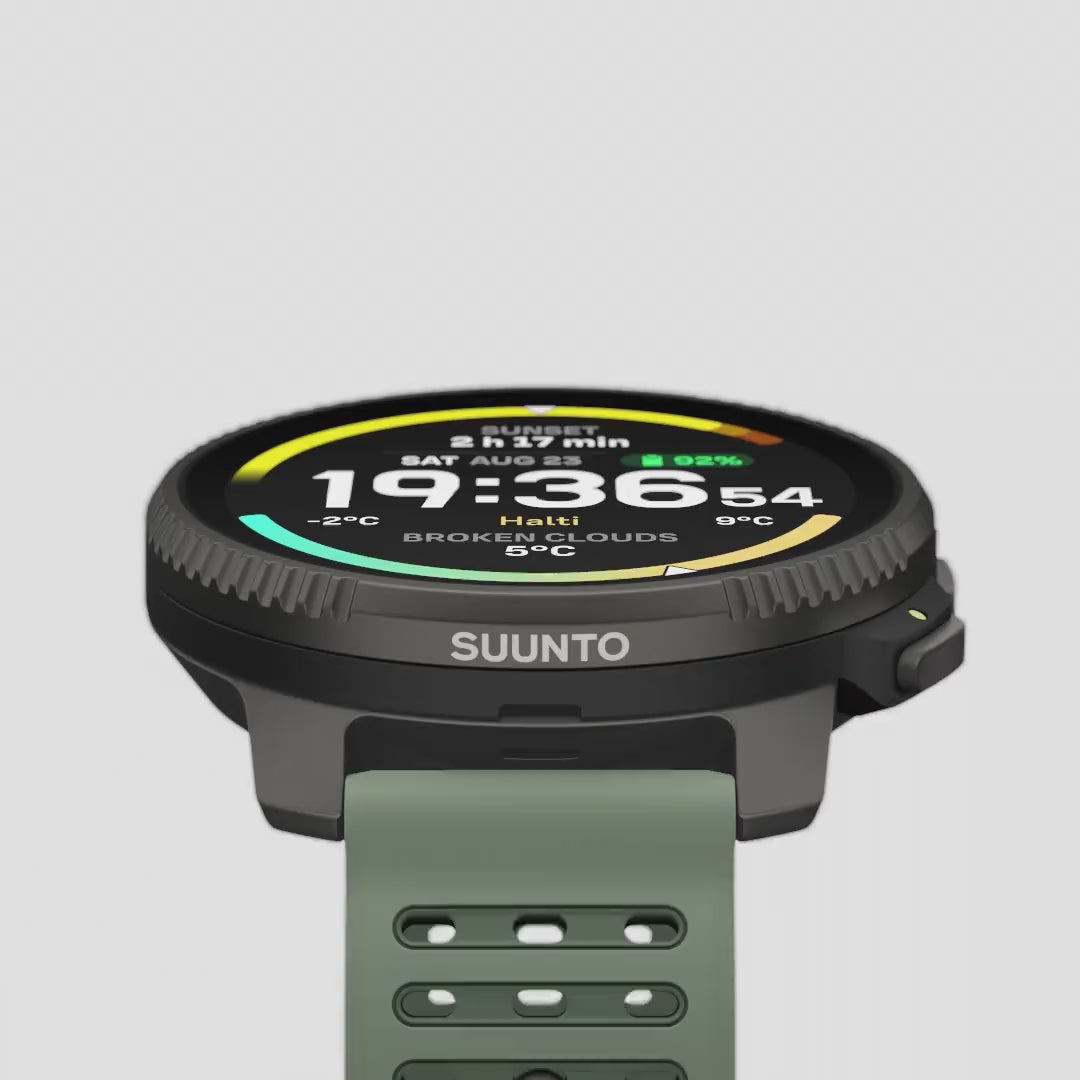 Side profile of Suunto Vertical 2 Titanium GPS Training Watch in green, emphasizing slim titanium case and AMOLED screen for premium outdoor performance.