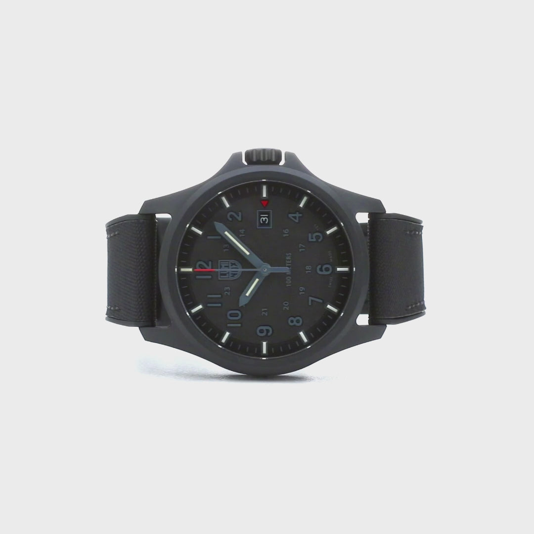 Front-facing view of Luminox Atacama Field 1960 Series Watch Black 43mm XL.1961 showcasing its bold black dial, date display, and rugged design.