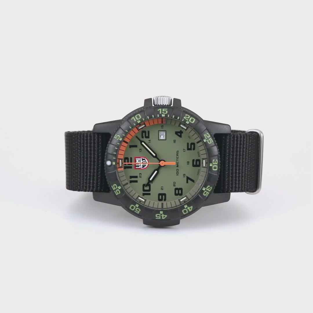 Front-facing view of the Luminox Leatherback Sea Turtle Giant 0320 Series Watch with a green dial, black strap, and bold numerals for readability.