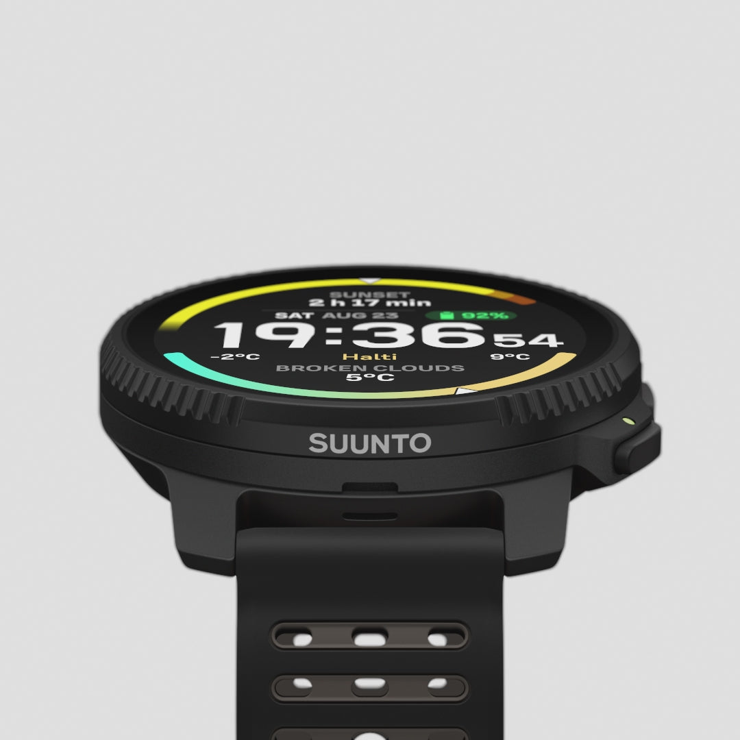 Close-up of Suunto Vertical 2 GPS Fitness Watch face and black strap, emphasizing rugged steel case and outdoor-ready display.