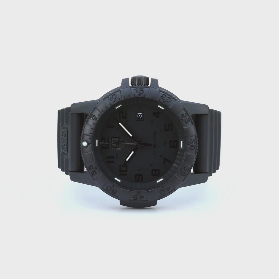 Front view of the Luminox Leatherback Sea Turtle Giant Watch XS.0321.BO.L, showcasing its blacked-out dial, date function, and robust Carbonox case.