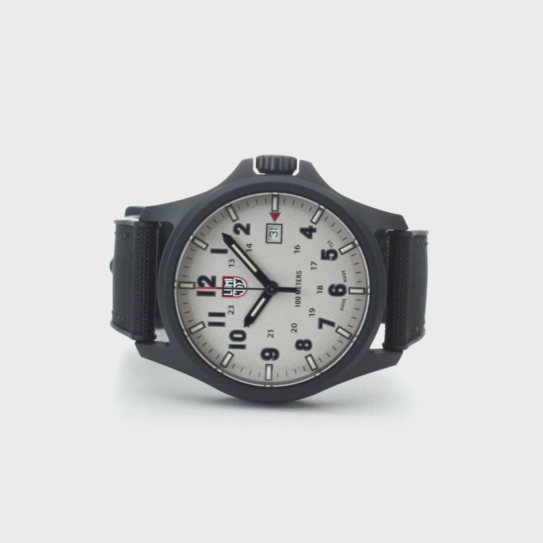 Front view of Luminox Atacama Field 1960 Series Watch XL.1971.SET with beige dial and black strap, designed for durability and style.