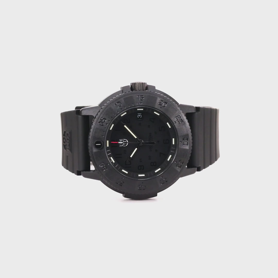 Front-facing view of the Luminox Original Navy Seal 3000 Series Watch, showcasing its bold black dial and military-inspired design.