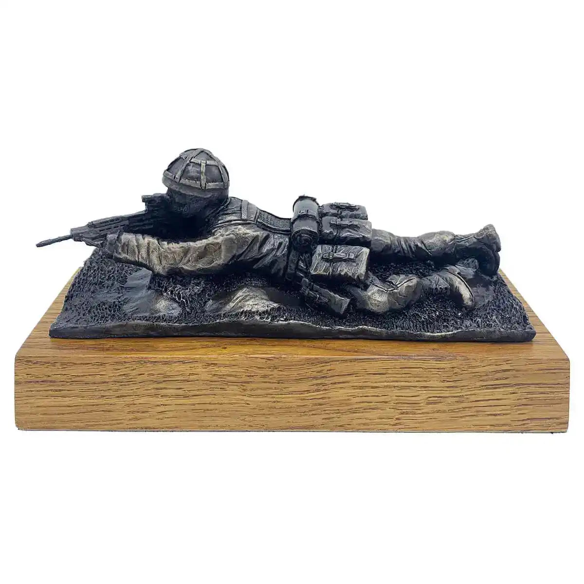 Prone Soldier with SA80 Bronze Resin Statue by John Bulls on wooden base, detailed military decor for home or office display.  from  John Bull Clothing 