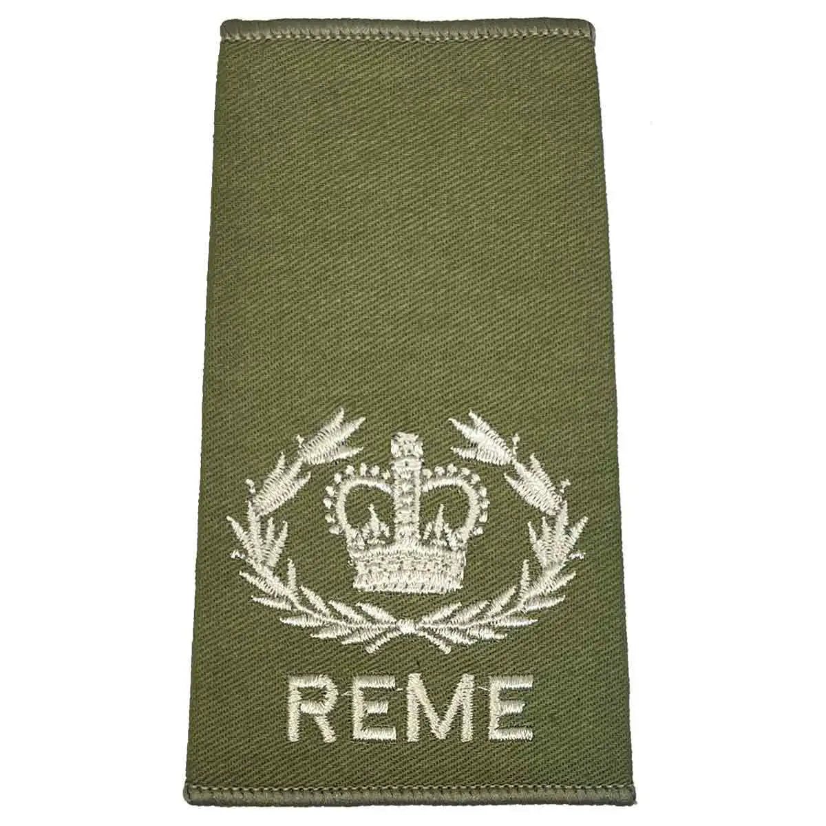 REME Olive Green Rank Slide with laurel wreath and crown embroidery, representing commissioned officer ranks in military attire. WO2 RQMS - Crown & Laurel Wreath from  John Bull Clothing 