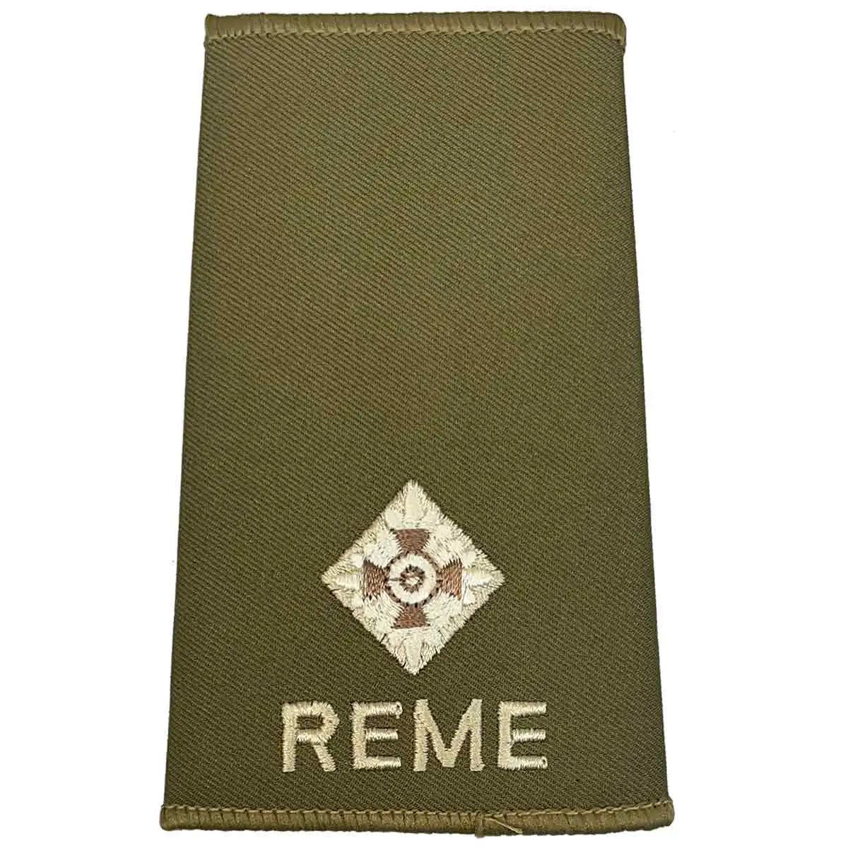 Single pip REME Olive Green Rank Slide with ivory and brown embroidery, used for junior officer ranks in military uniforms. 2nd LT from  John Bull Clothing 