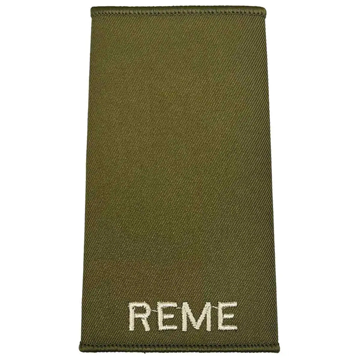 Plain REME Olive Green Rank Slide with ivory embroidered text, ideal for military uniforms, made from durable Cordura fabric. Private from  John Bull Clothing 
