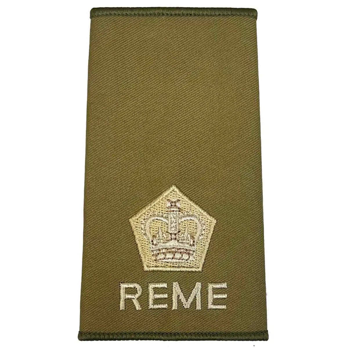 Pentagon crown REME Olive Green Rank Slide with ivory embroidery, designed for high-ranking military personnel.  from  John Bull Clothing 