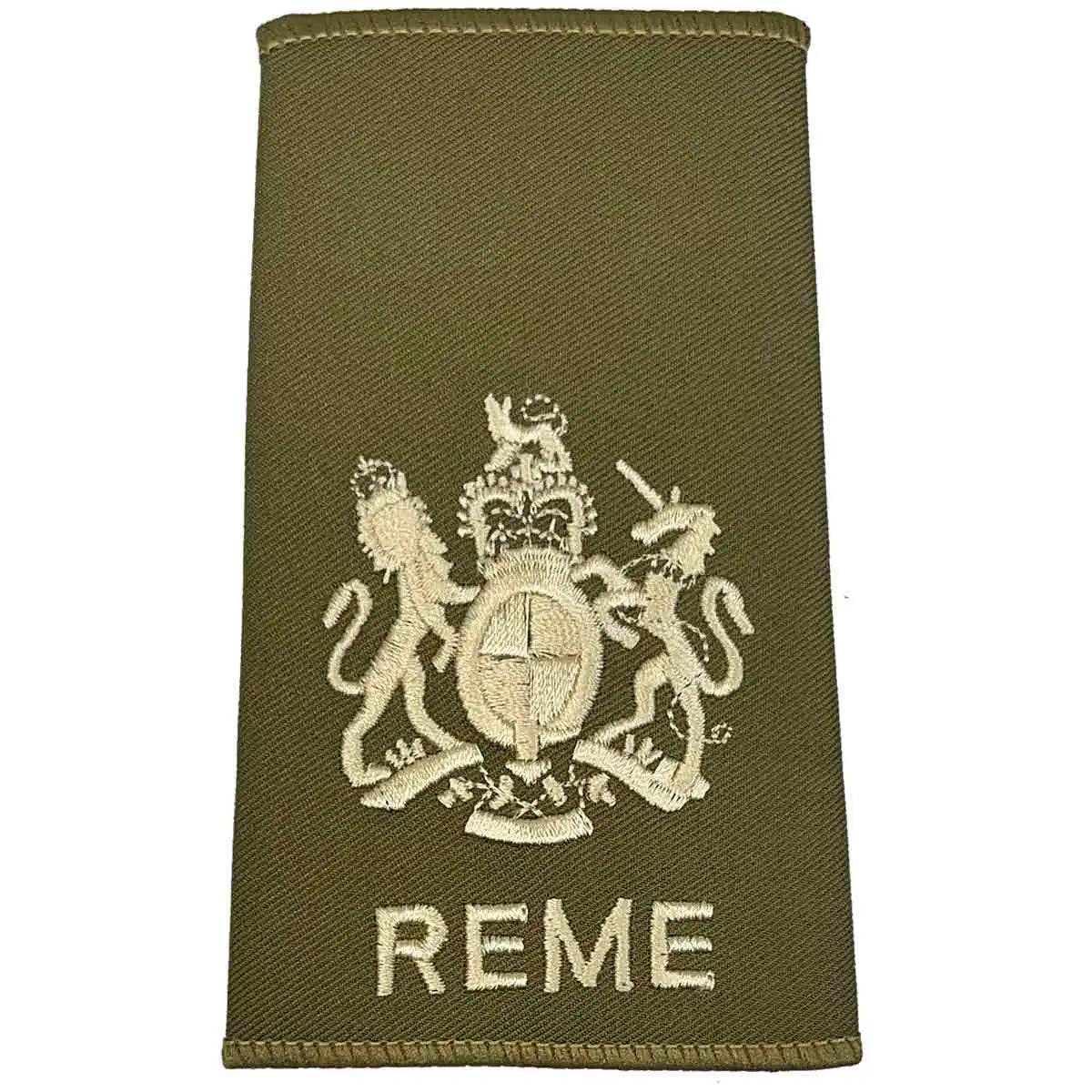 REME Olive Green Rank Slide featuring the Royal Coat of Arms in ivory embroidery, suitable for ceremonial military uniforms. WO1 from  John Bull Clothing 