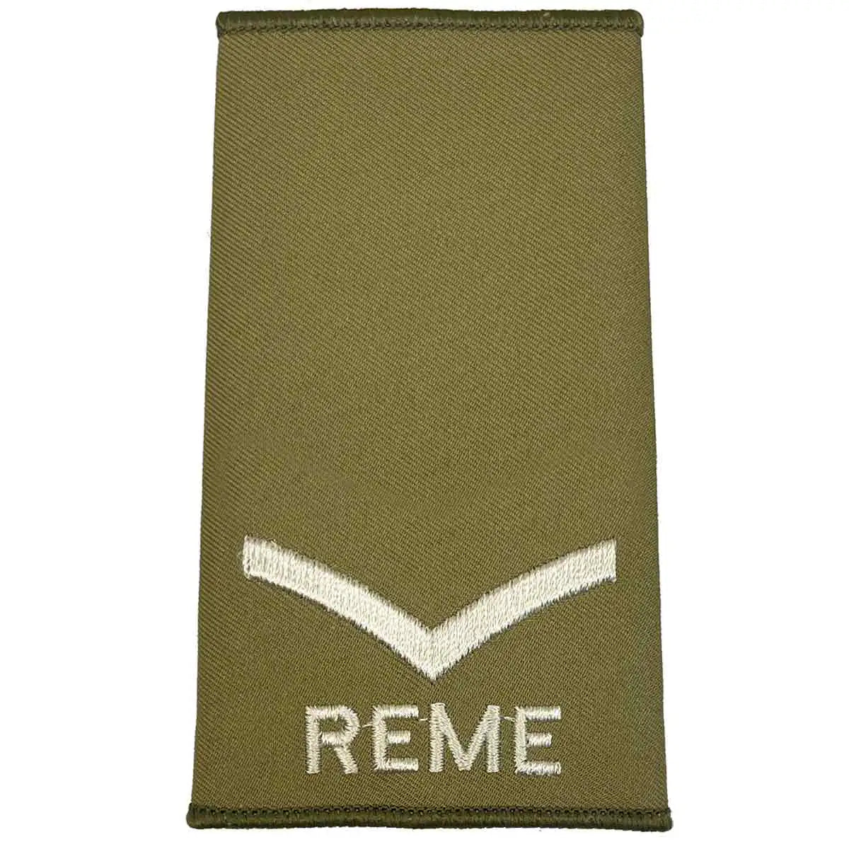 REME Olive Green Rank Slide with single chevron and ivory embroidery, suitable for junior military ranks, sold in pairs. Lance Corporal from  John Bull Clothing 