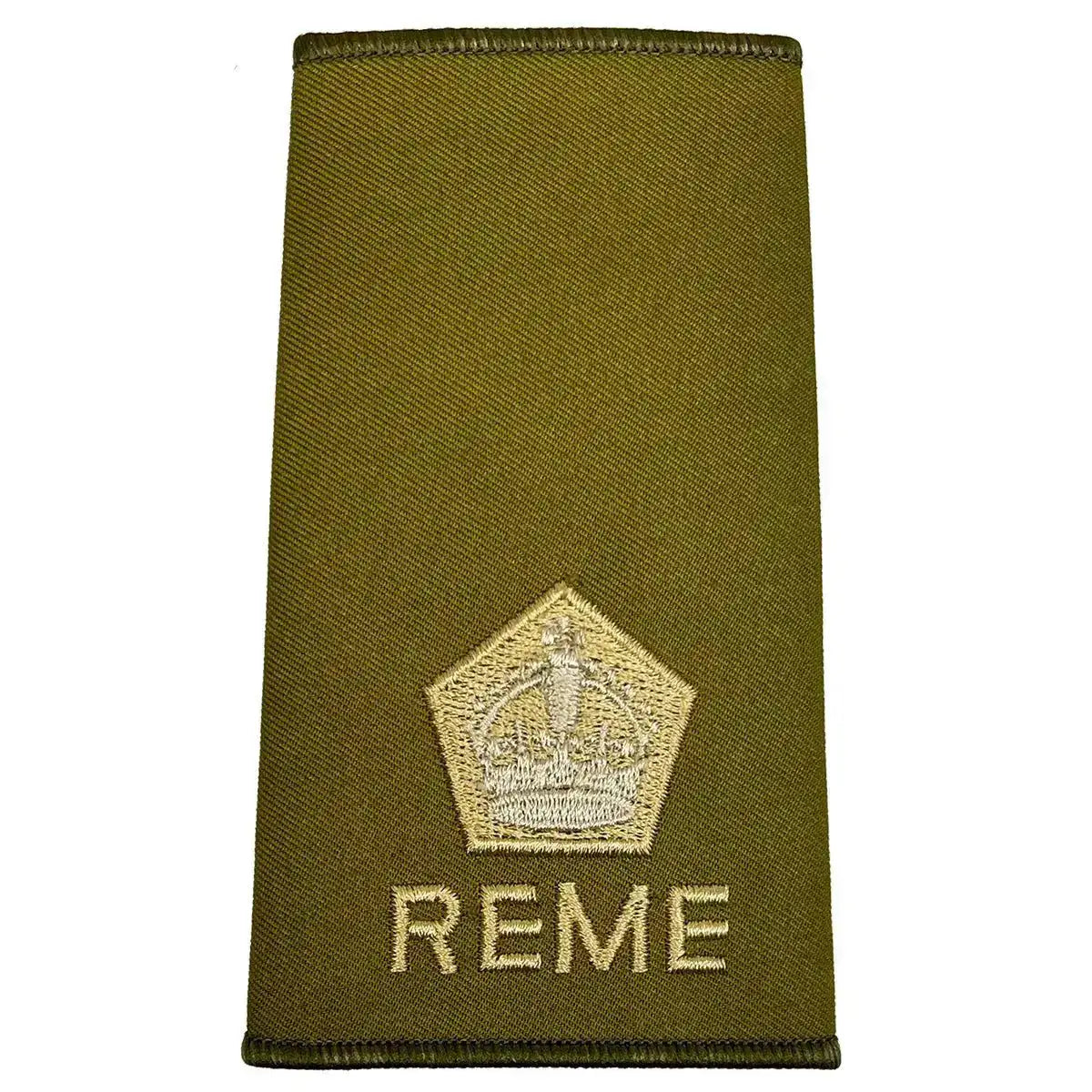 REME Olive Green Rank Slide with pentagon crown embroidery, designed for senior military ranks, made from Cordura. Kings Crown - Major from  John Bull Clothing 