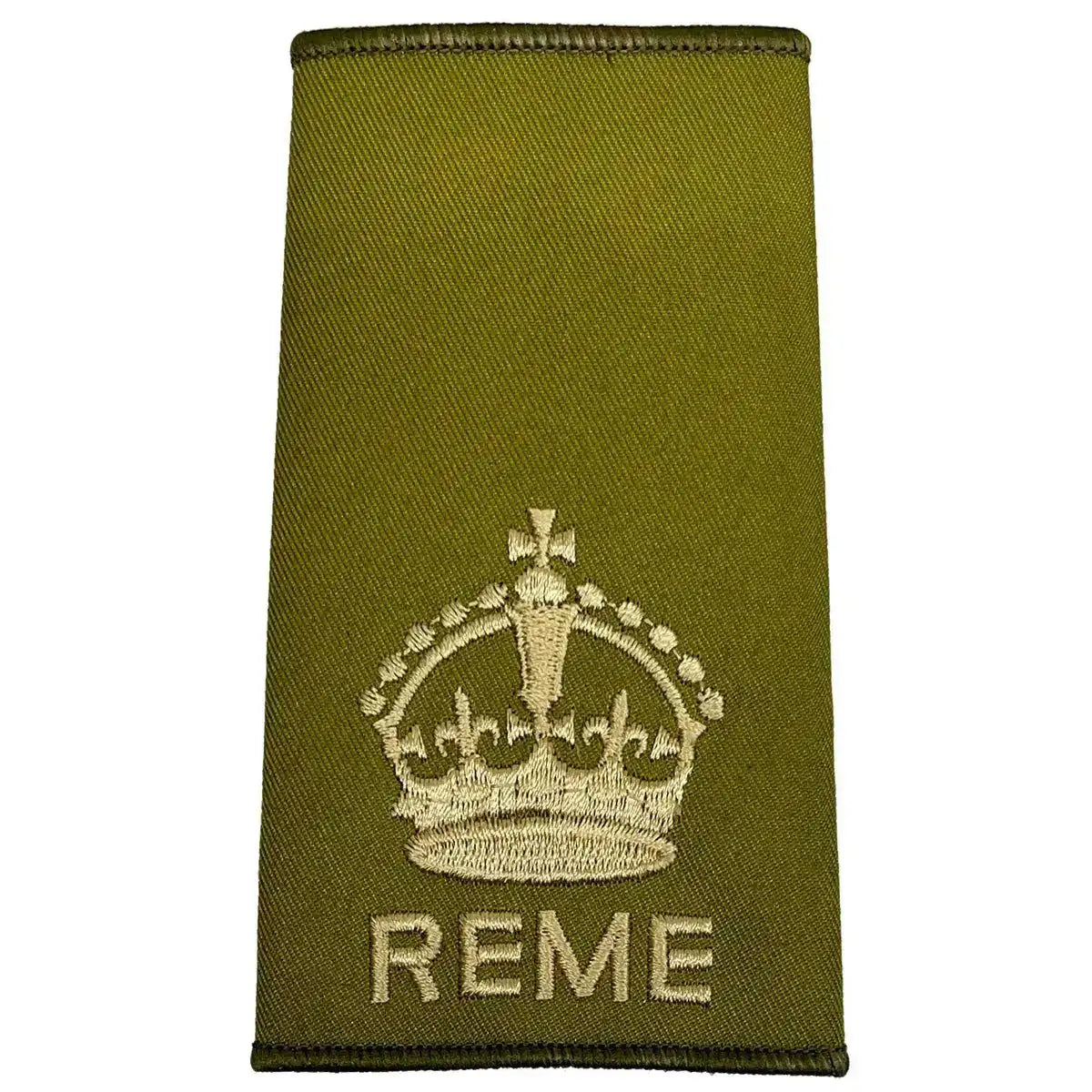 REME Olive Green Rank Slide with stylized crown embroidery, representing senior officer insignia in military uniforms. Kings Crown - WO2 Large Crown from  John Bull Clothing 