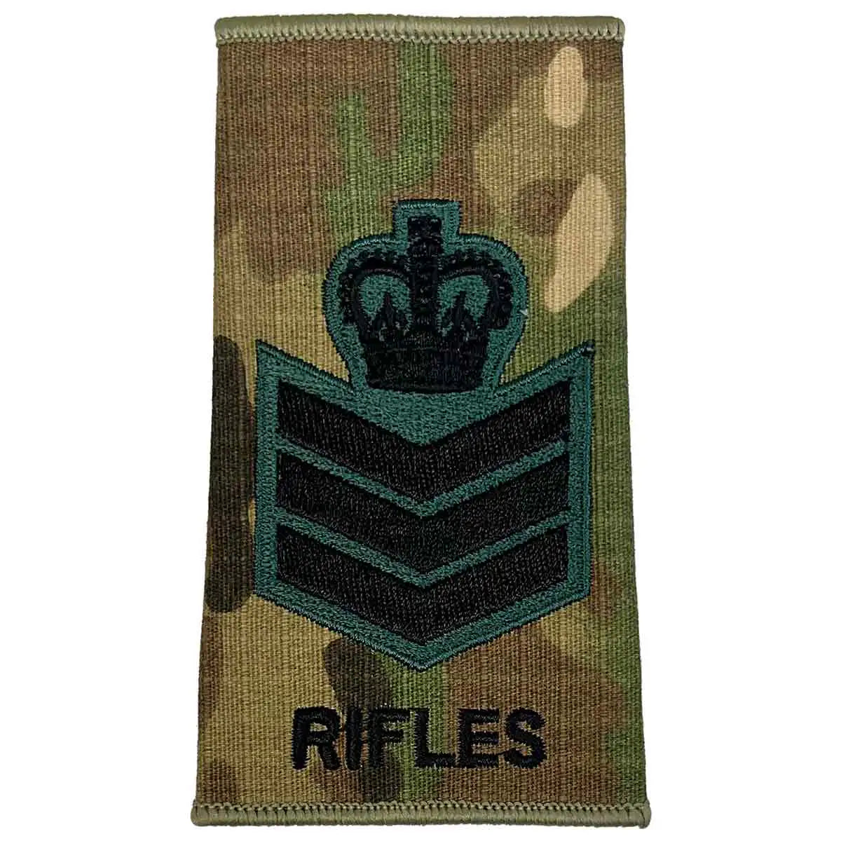 Rifles Regiment Rank Slide Multicam with crown and three chevrons, embroidered for senior NCOs in military uniforms. Staff Sergeant from  John Bull Clothing 