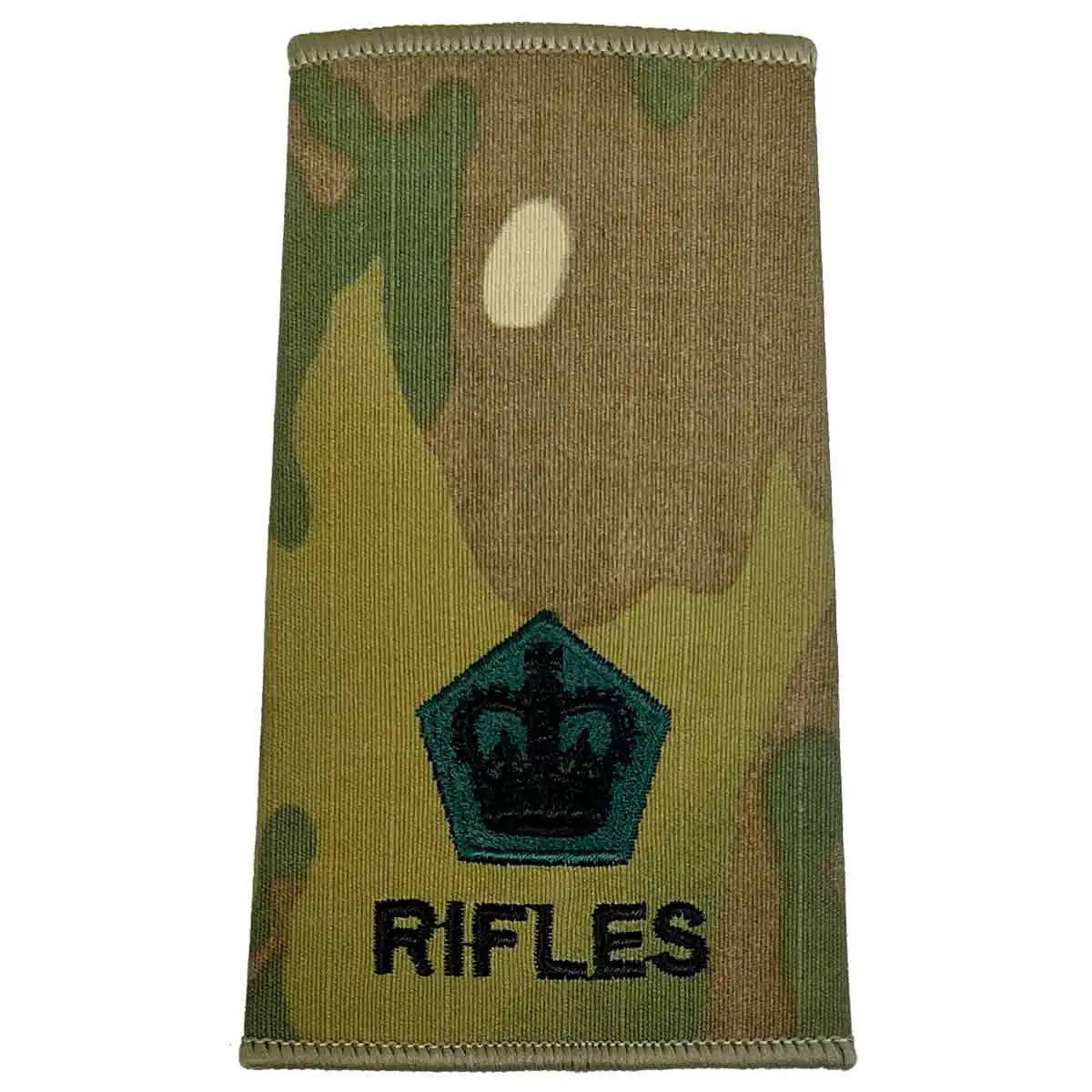 Pentagon crown insignia on Rifles Regiment Rank Slide Multicam with 'RIFLES' text, embroidered for military officer uniforms. Major from  John Bull Clothing 