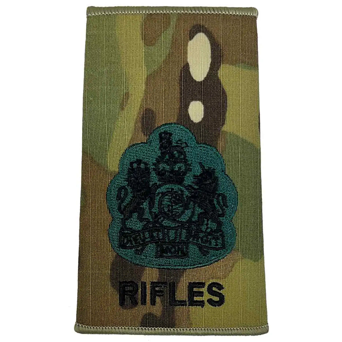 Multicam Rifles Regiment Rank Slide with royal coat of arms and 'RIFLES' text, embroidered for commissioned officers. WO1 from  John Bull Clothing 