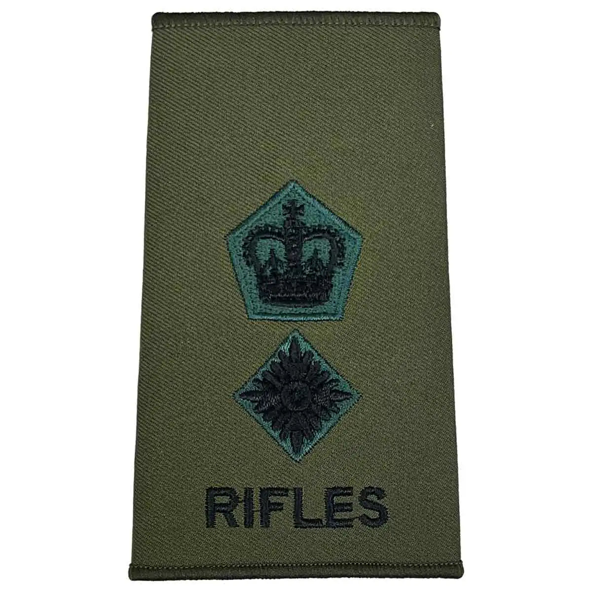 Rifles Regiment Olive Green Rank Slide Pair with crown and pip insignia. Embroidered for Lieutenant Colonel rank. LT Colonel from  John Bull Clothing 