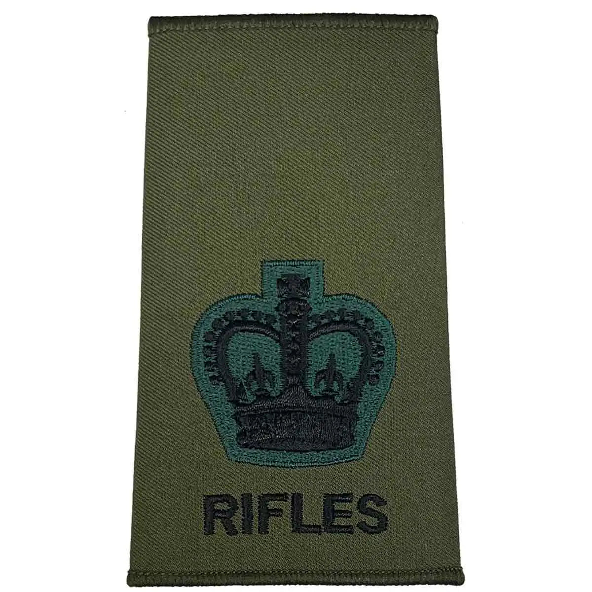 Rifles Regiment Olive Green Rank Slide Pair with large crown embroidery. Suitable for Major rank in military uniforms. WO2 - Large Crown from  John Bull Clothing 