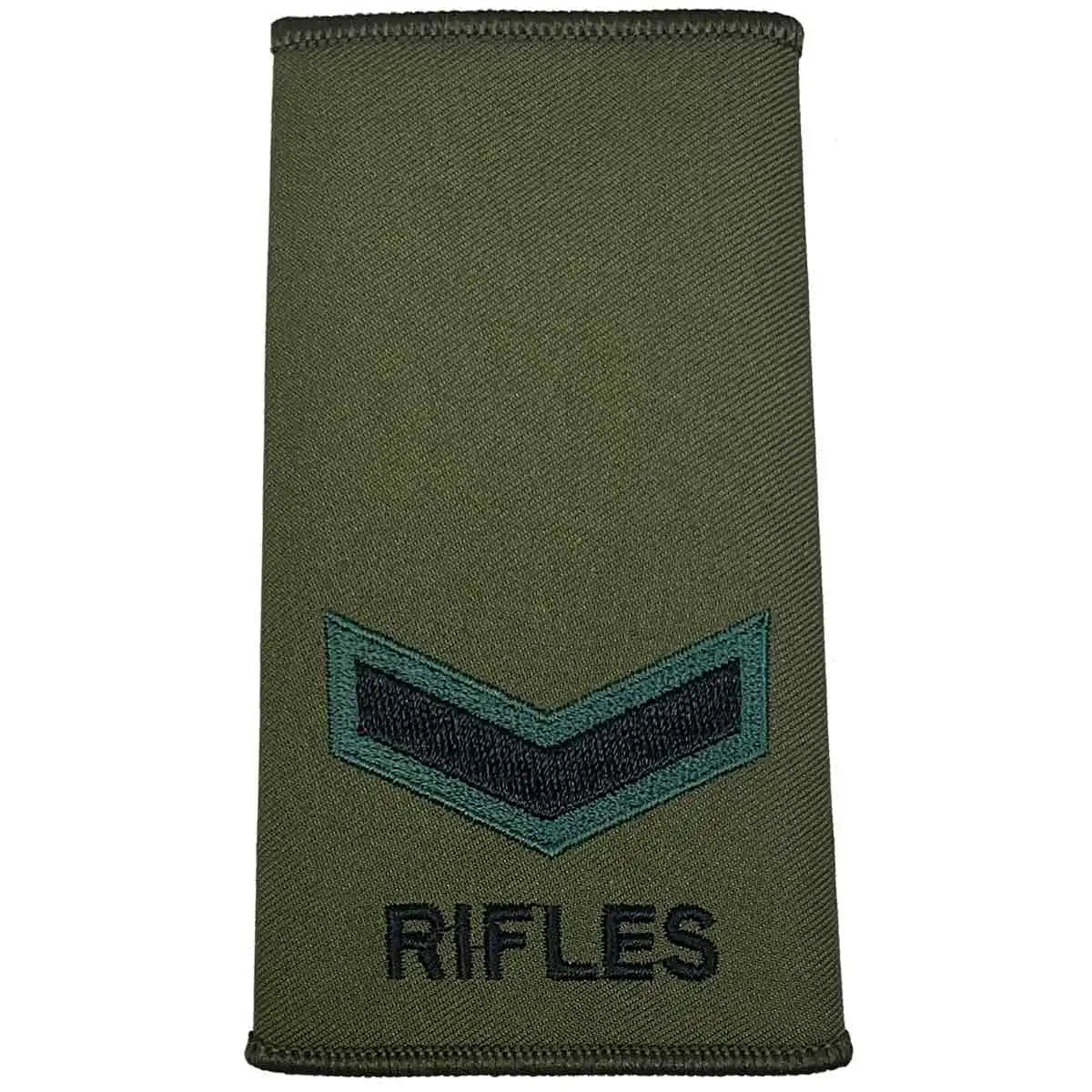 Rifles Regiment Olive Green Rank Slide Pair with one chevron. Embroidered in dark green and black for Lance Corporal rank. Lance Corporal from  John Bull Clothing 