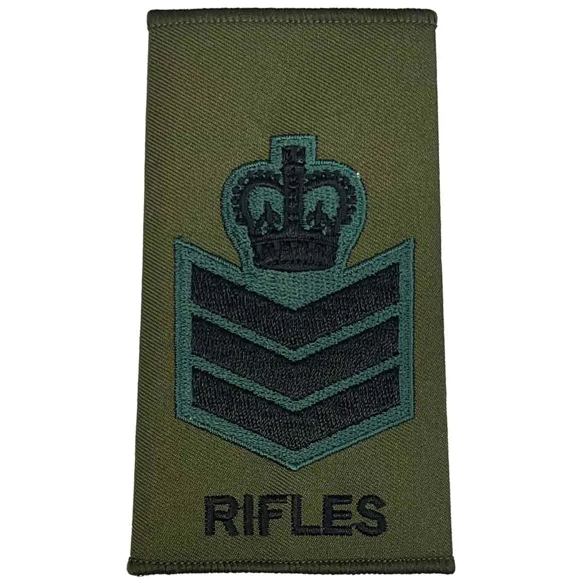 Olive Green Rifles Regiment Rank Slide Pair with crown and three chevrons. Embroidered for Staff Sergeant rank. Staff Sergeant from  John Bull Clothing 