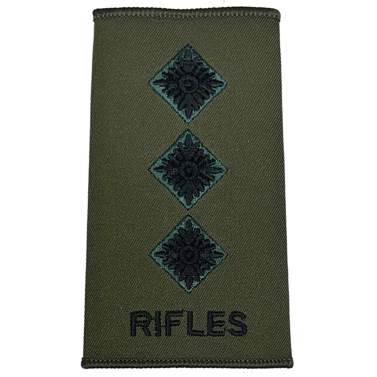 Rifles Regiment Olive Green Rank Slide Pair with three pip insignia. Designed for Captain rank in military uniforms. Captain from  John Bull Clothing 