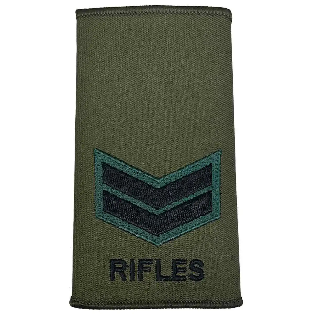 Rifles Regiment Olive Green Rank Slide Pair with two chevrons. Embroidered for Corporal rank in military uniforms. Corporal from  John Bull Clothing 