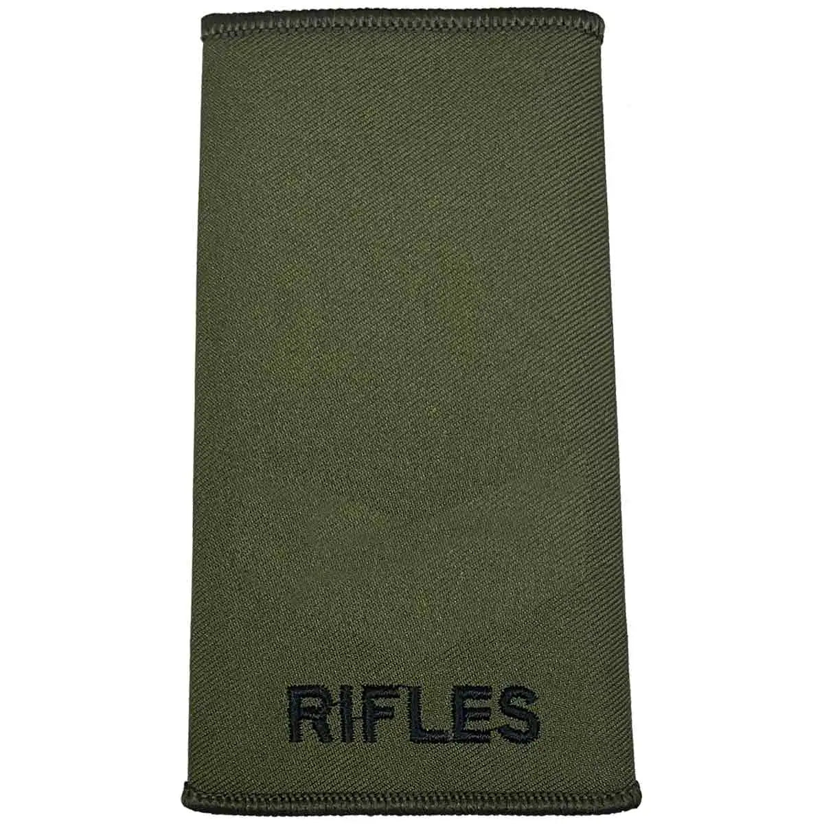 Plain Rifles Regiment Rank Slide Olive Green Pair with black 'RIFLES' text. Ideal for unranked personnel in military uniforms. Private from  John Bull Clothing 