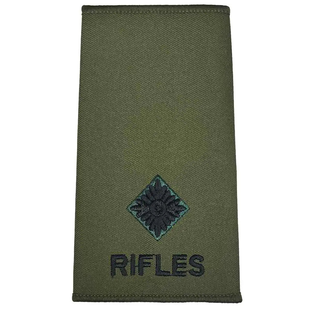 Rifles Regiment Olive Green Rank Slide Pair with one pip insignia. Designed for Second Lieutenant rank. 2nd LT from  John Bull Clothing 