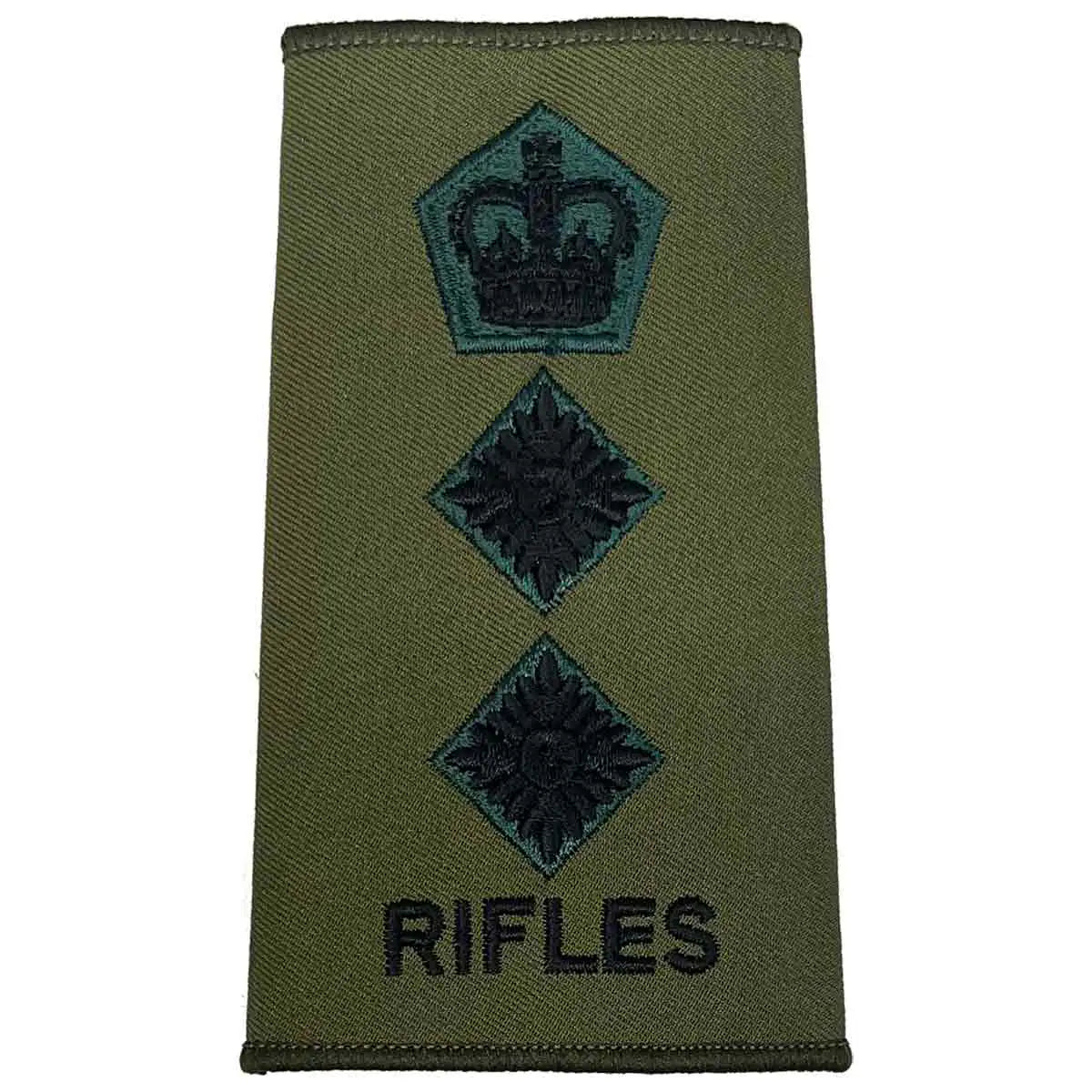Rifles Regiment Olive Green Rank Slide Pair with crown and two pip insignia. Designed for Colonel rank. Colonel from  John Bull Clothing 