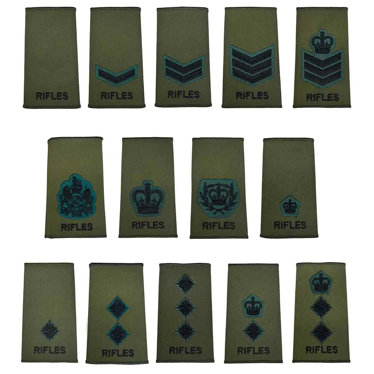 Assorted Rifles Regiment Rank Slides Olive Green Pair with embroidered insignia for various ranks. Durable Cordura fabric for military uniforms.  from  John Bull Clothing 