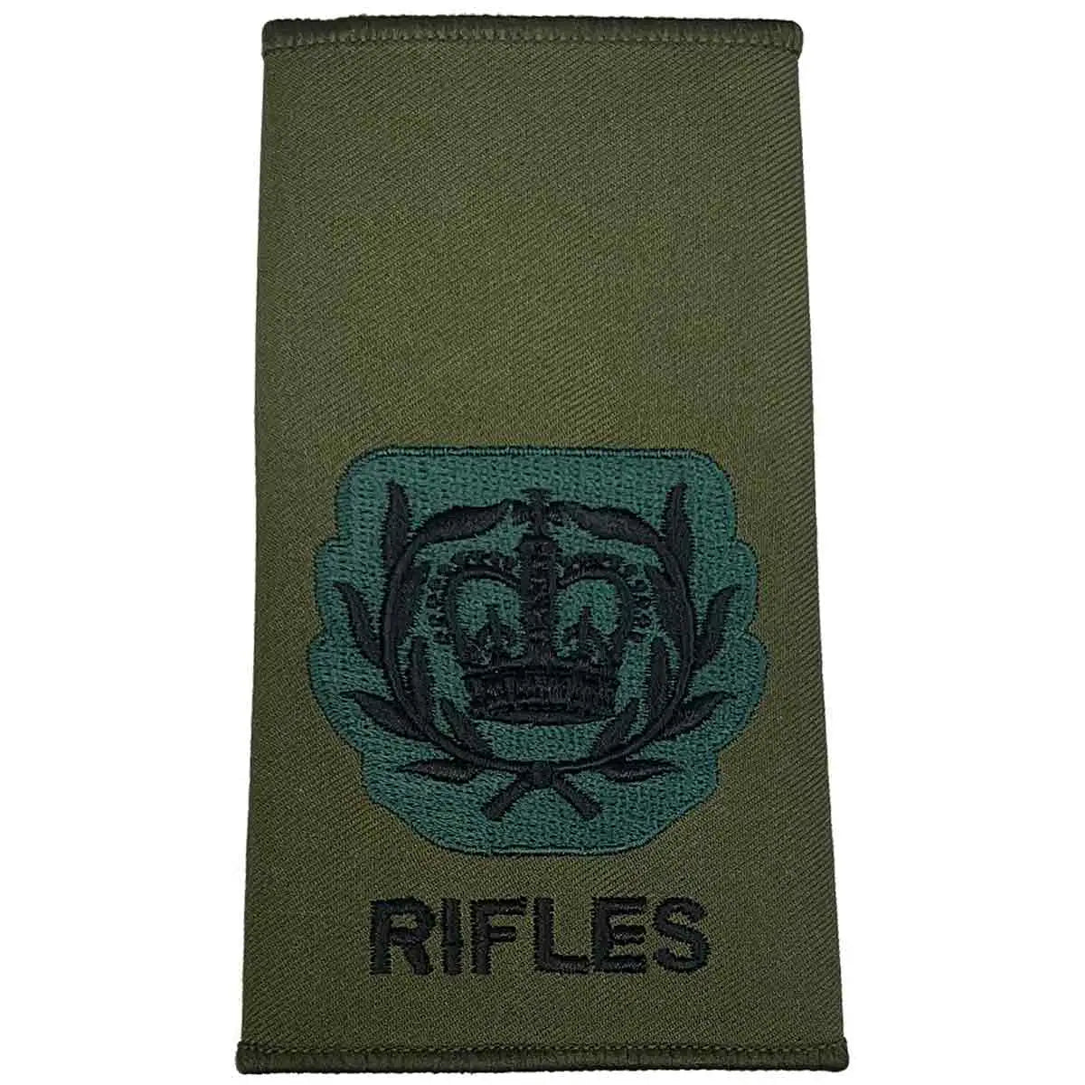 Rifles Regiment Olive Green Rank Slide Pair with laurel and crown insignia. Designed for Warrant Officer Class 2. WO2 RQMS - Crown & Laurel Wreath from  John Bull Clothing 