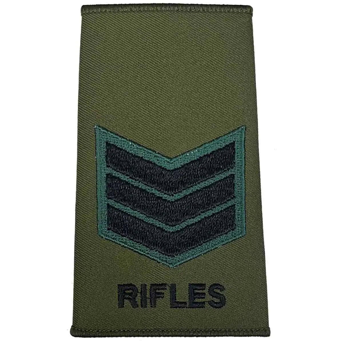 Rifles Regiment Olive Green Rank Slide Pair with three chevrons. Designed for Sergeant rank with durable Cordura material. Sergeant from  John Bull Clothing 