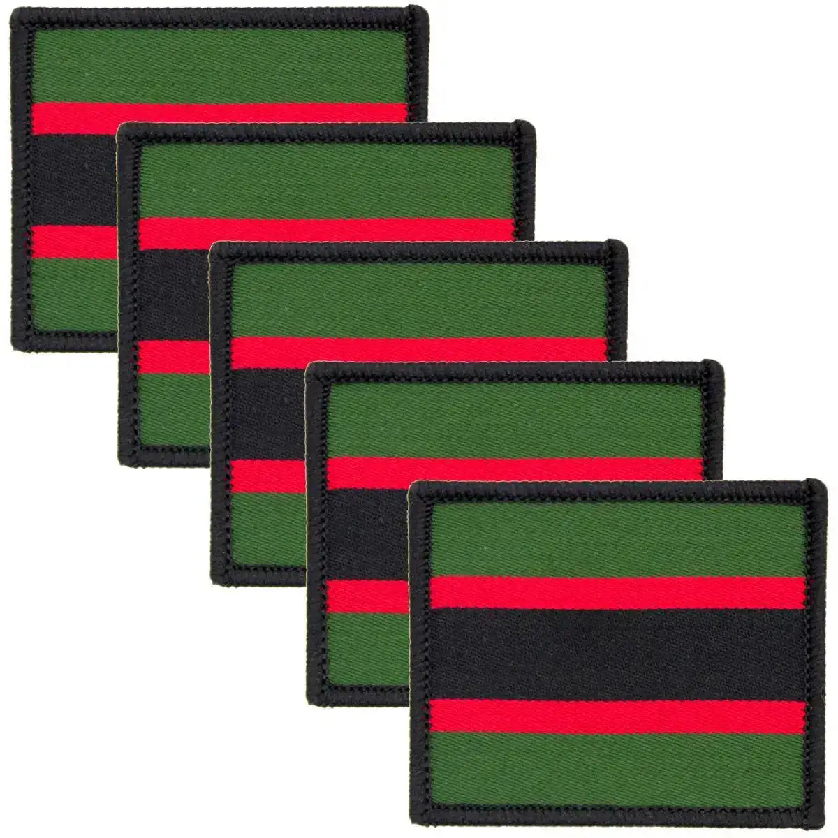 Pack of five Rifles Regiment TRF patches in green, red, and black, ideal for military uniforms with durable hook & loop backing. 5 Pack from  John Bull Clothing 