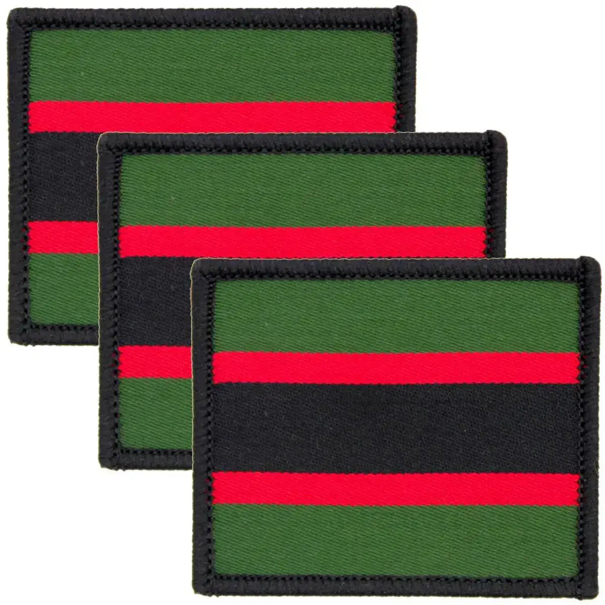 Set of three Rifles Regiment TRF patches with hook & loop backing, featuring green, red, and black stripes for military uniforms. 3 Pack from  John Bull Clothing 