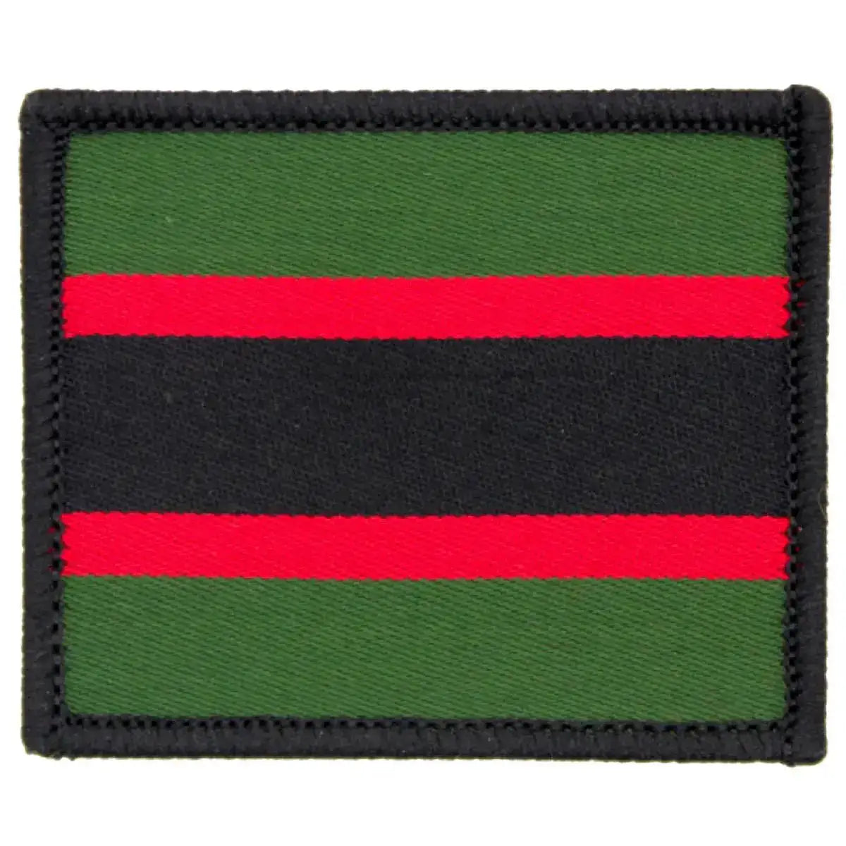 Single Rifles Regiment TRF patch in regulation pattern with green background, red stripes, and black center. Iron or sew-on military flash. 1 Flash from  John Bull Clothing 