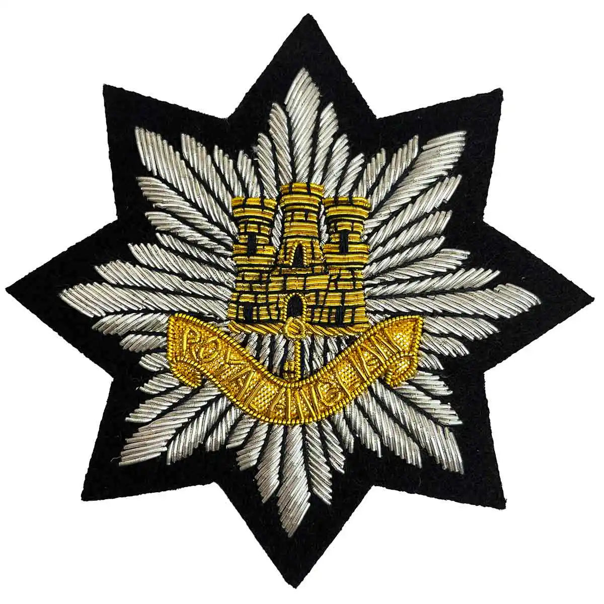 Royal Anglian Blazer Badge Wire Bullion featuring a gold castle emblem and 'Royal Anglian' banner on black felt, ideal for military uniforms.  from  John Bull Clothing 