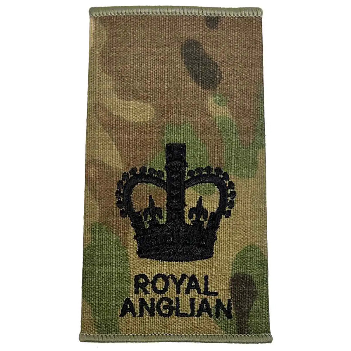 Royal Anglian Rank Slide Multicam with large crown insignia, dark green embroidery on camouflage, used for senior officer identification. WO2 - Large Crown from  John Bull Clothing 